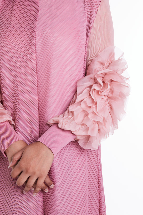 Rose Pink Dress with Floral Sleeves Sequins