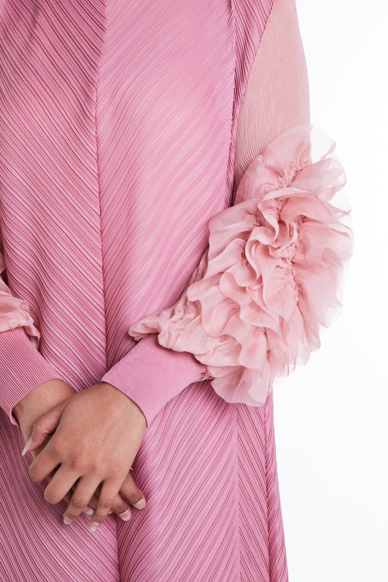 Rose Pink Dress with Floral Sleeves Sequins