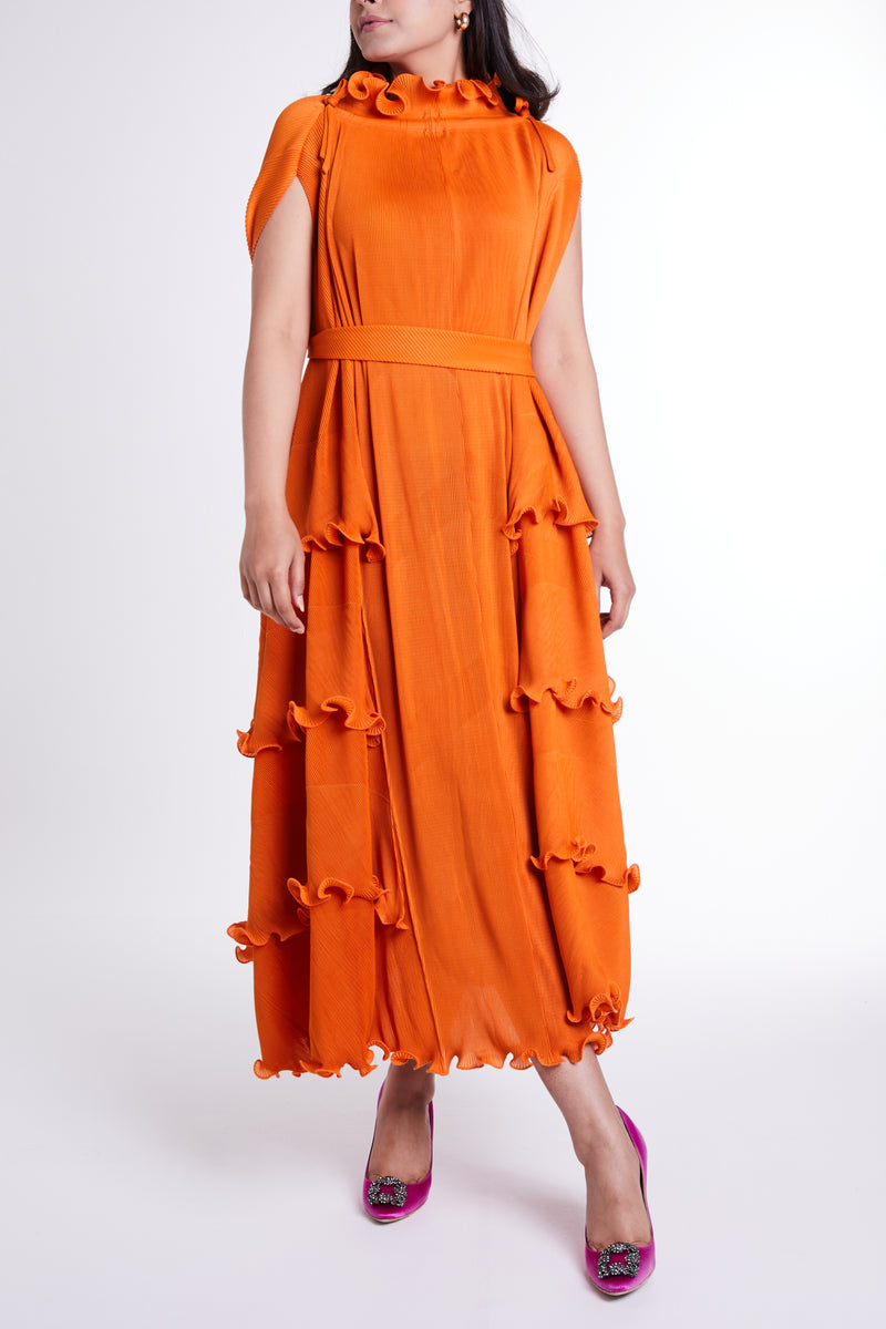 Bright Orange Batwing Sleeves Dress with Self-tie Belt