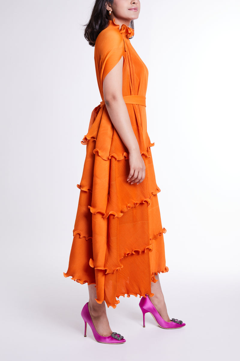 Bright Orange Batwing Sleeves Dress with Self-tie Belt