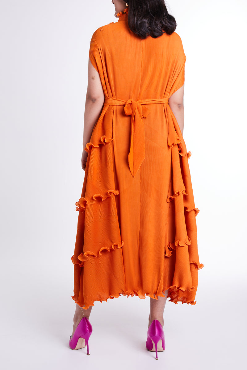 Bright Orange Batwing Sleeves Dress with Self-tie Belt