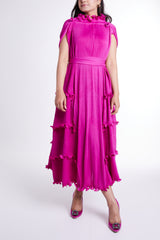 Fuchsia Batwing Sleeves Dress with Self-tie Belt