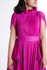 Fuchsia Batwing Sleeves Dress with Self-tie Belt