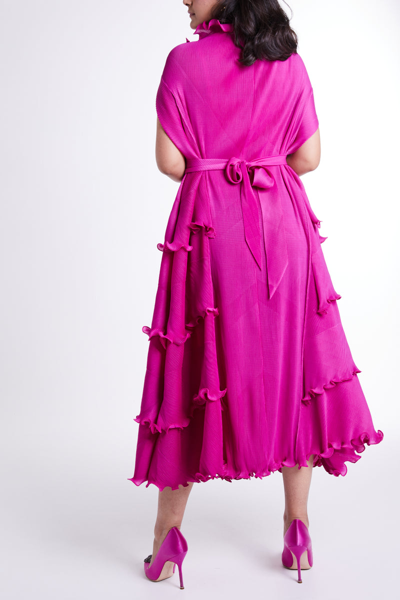 Fuchsia Batwing Sleeves Dress with Self-tie Belt