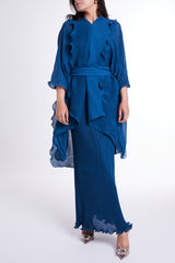 Blue Slip Dress with Outer Flared Layer & Self-tie Belt