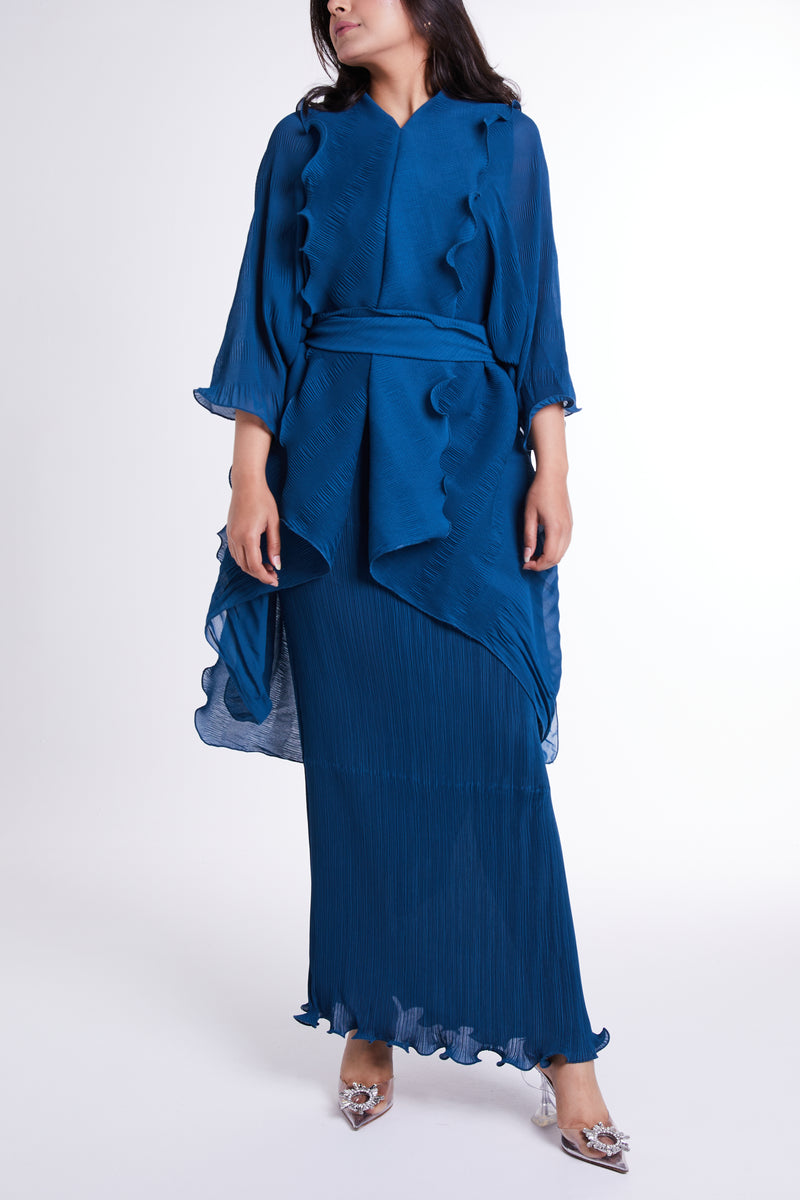 Blue Slip Dress with Outer Flared Layer & Self-tie Belt