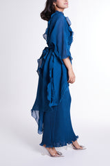 Blue Slip Dress with Outer Flared Layer & Self-tie Belt