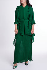 Green Slip Dress with Outer Flared Layer & Self-tie Belt