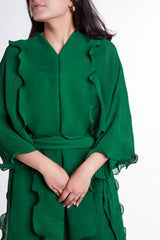 Green Slip Dress with Outer Flared Layer & Self-tie Belt