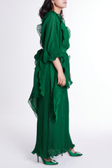 Green Slip Dress with Outer Flared Layer & Self-tie Belt