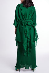 Green Slip Dress with Outer Flared Layer & Self-tie Belt