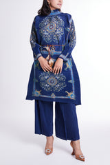 Printed Blue Set with Self-tie Belt