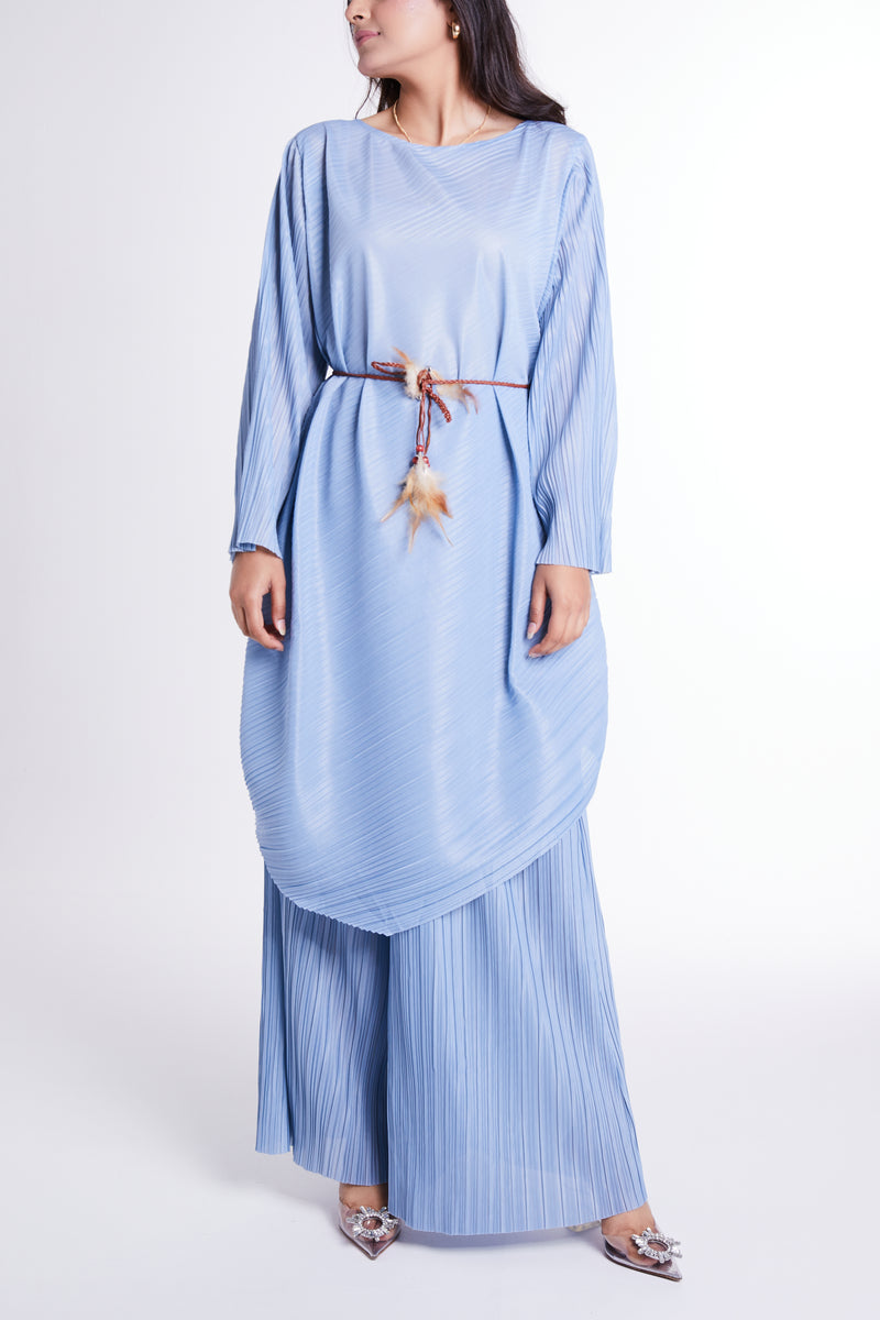 Blue Long Shirt Set with Self-tie Belt