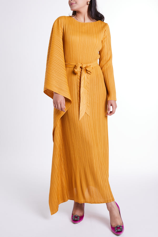 Mustard Flared Sleeve Dress with Self-tie Belt