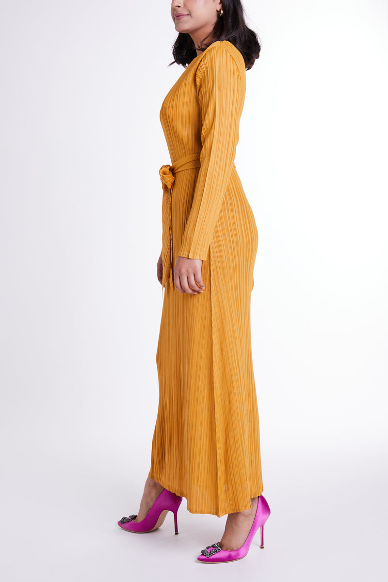 Mustard Flared Sleeve Dress with Self-tie Belt