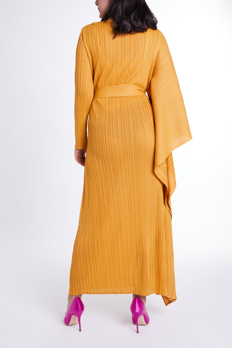 Mustard Flared Sleeve Dress with Self-tie Belt