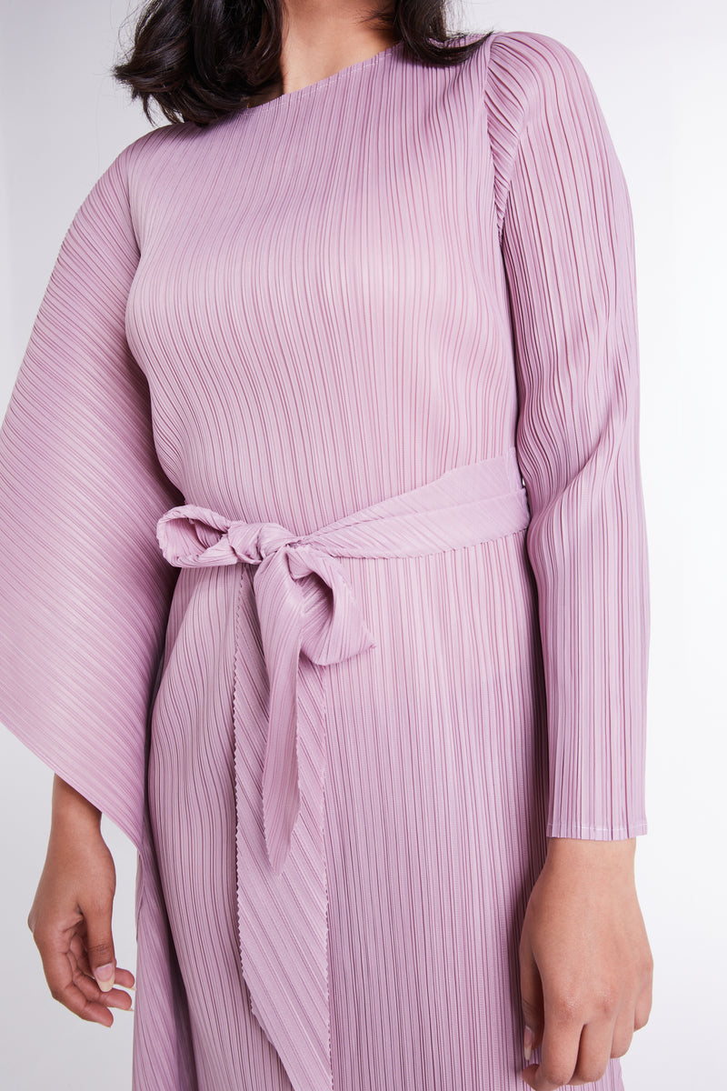 Pink Flared Sleeve Dress with Self-tie Belt