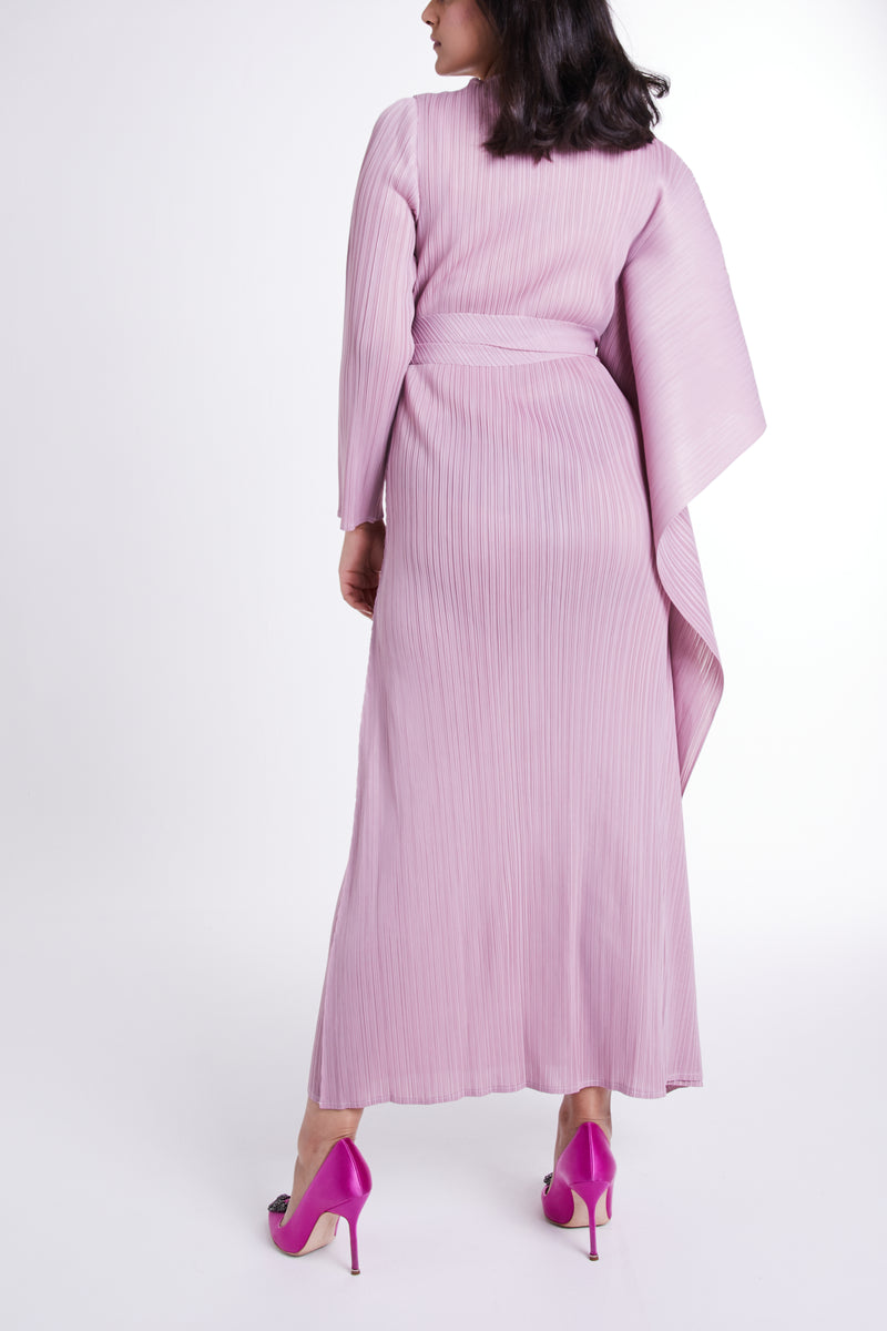 Pink Flared Sleeve Dress with Self-tie Belt