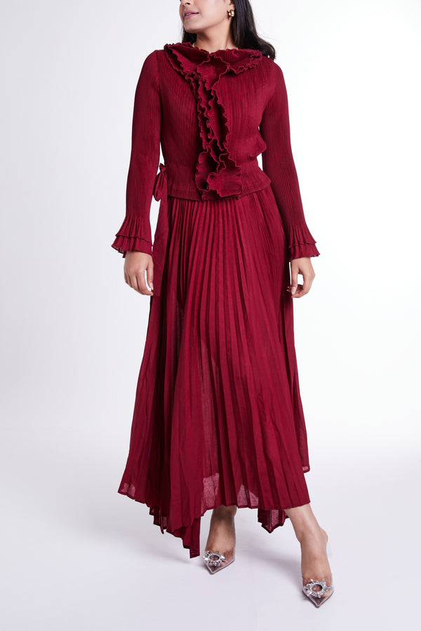 PRE ORDER Maroon Floral Detail Dress with Self-tie Belt