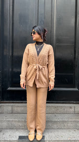 Camel Open Sweater Knit Set with Belt