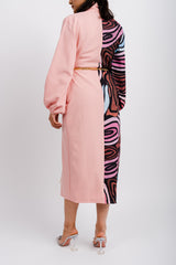 Pastel Pink Patterned Dress with Cuffed Sleeves