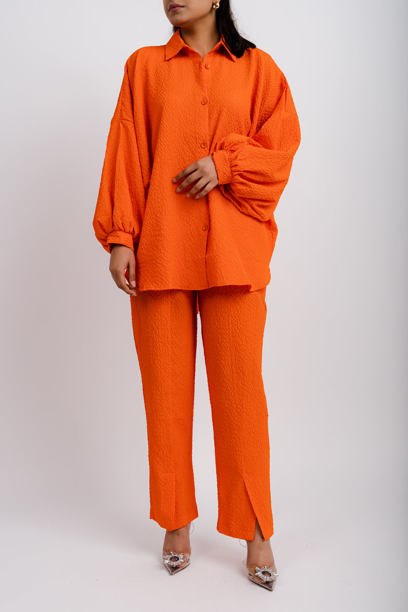 Bright Orange Plisse Set with Ballon Sleeves