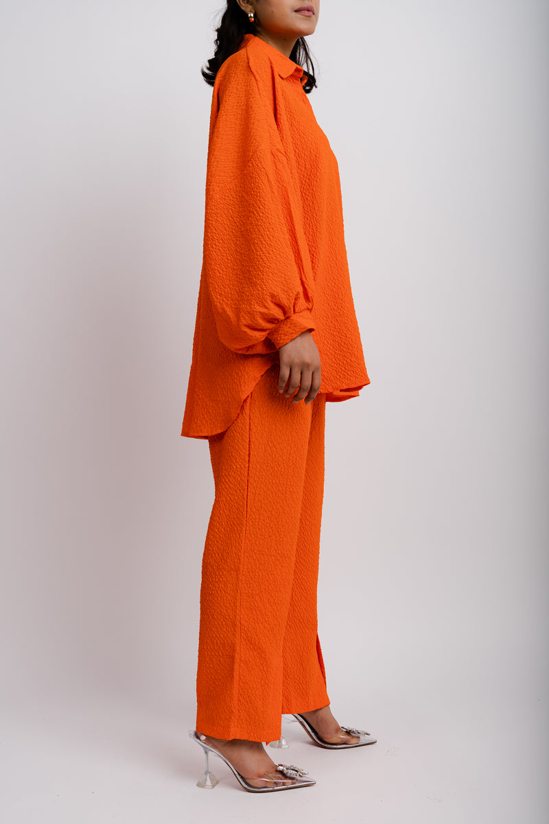 Bright Orange Plisse Set with Ballon Sleeves