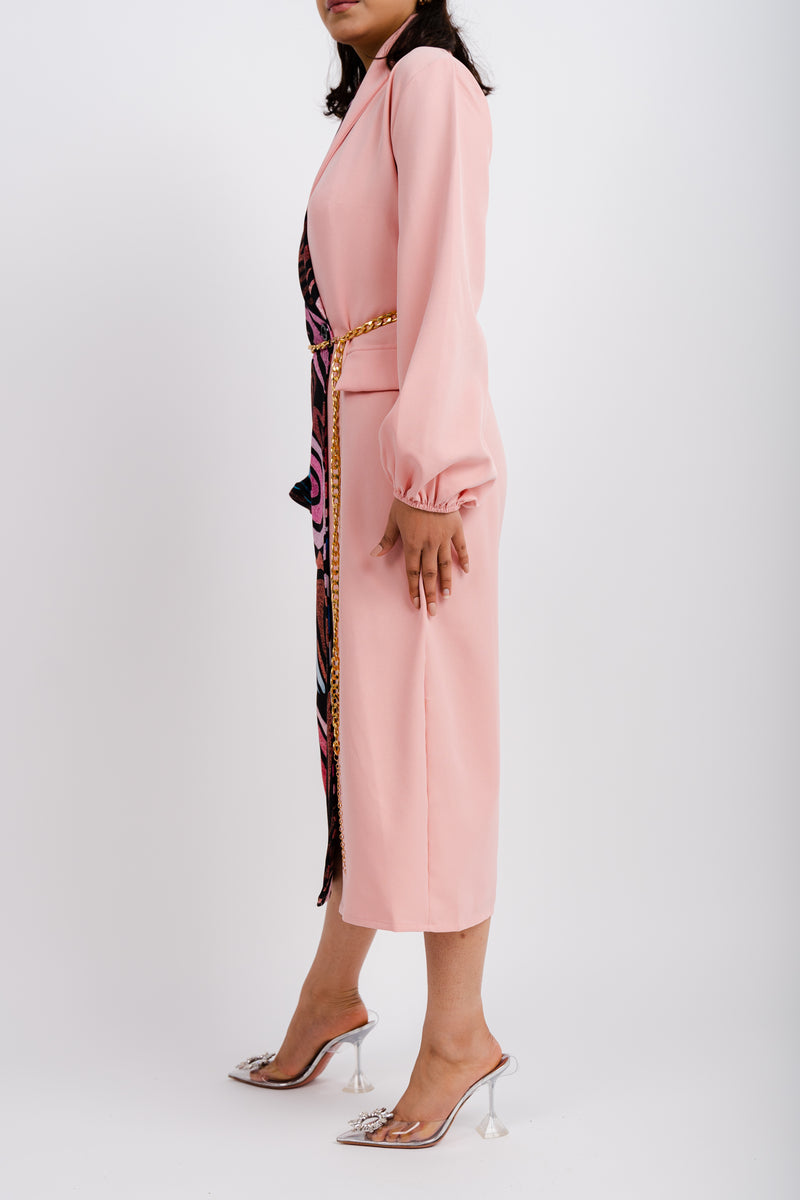 Pastel Pink Patterned Dress with Cuffed Sleeves