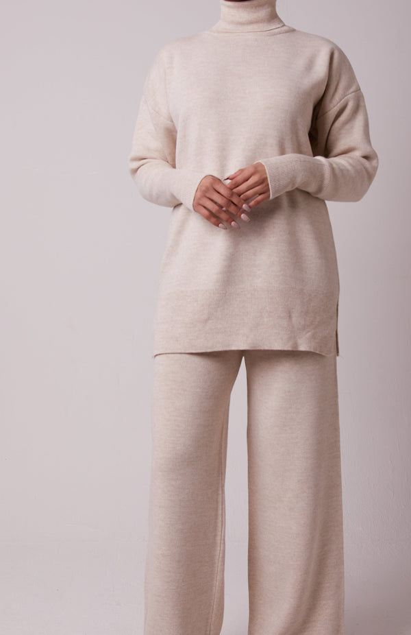 CREAM ROLL NECK KNIT SET