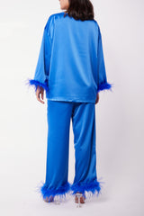 BLUE SATIN SET WITH FEATHER TRIM