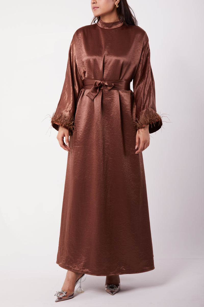 Mocha Luxé Feather Trim Dress & Belt