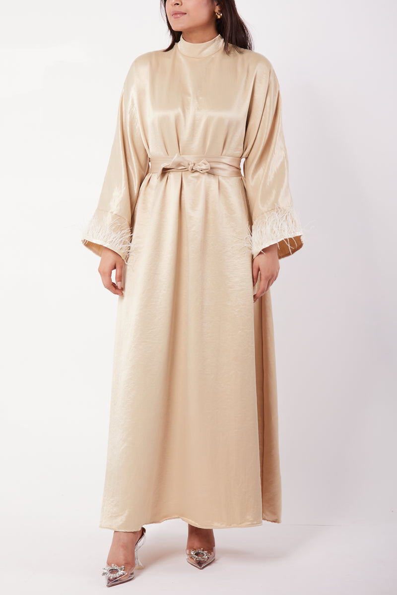 Gold Luxé Feather Trim Dress & Belt