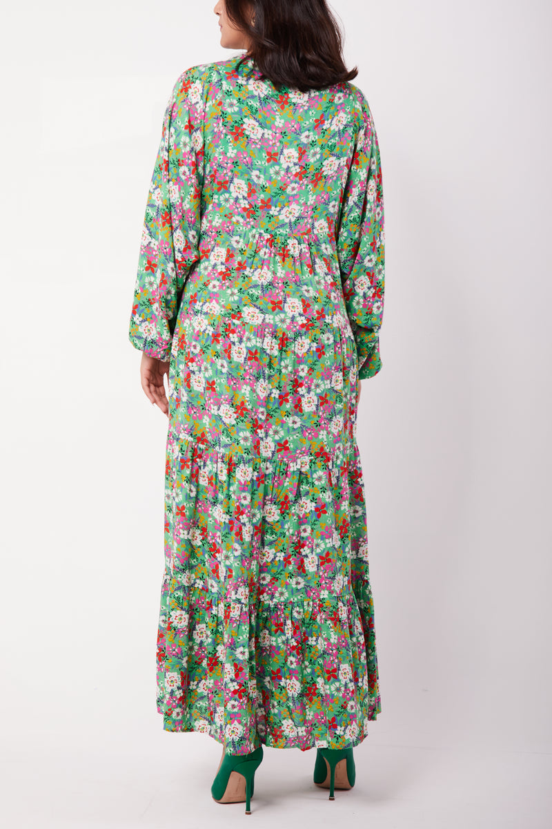 Green Floral Dress with Blouson Sleeves