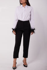 WHITE SHIRT WITH FUR TRIMS & BLACK PANTS