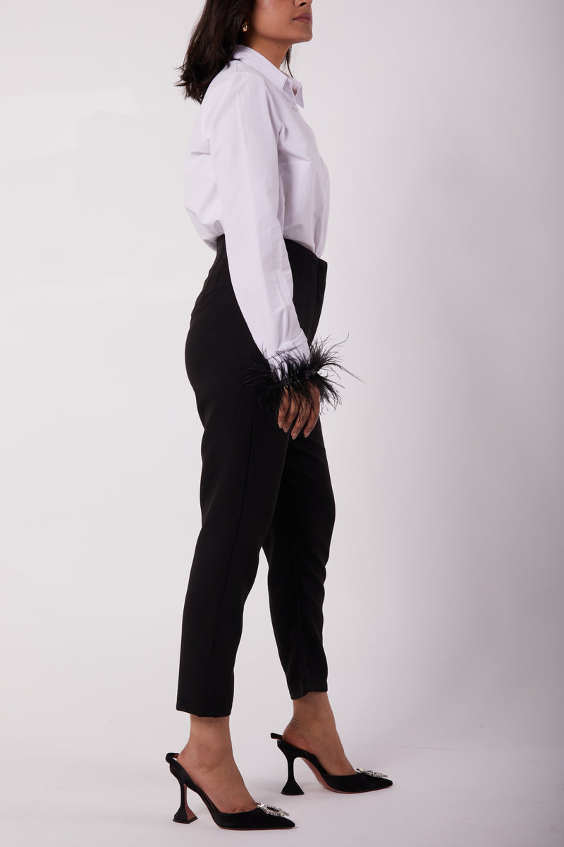 WHITE SHIRT WITH FUR TRIMS & BLACK PANTS