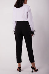 WHITE SHIRT WITH FUR TRIMS & BLACK PANTS