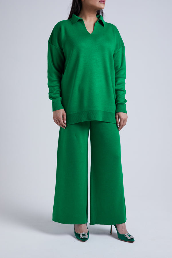 OVERSIZED COLLARED GREEN KNIT SET