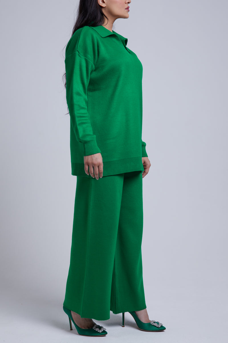 OVERSIZED COLLARED GREEN KNIT SET