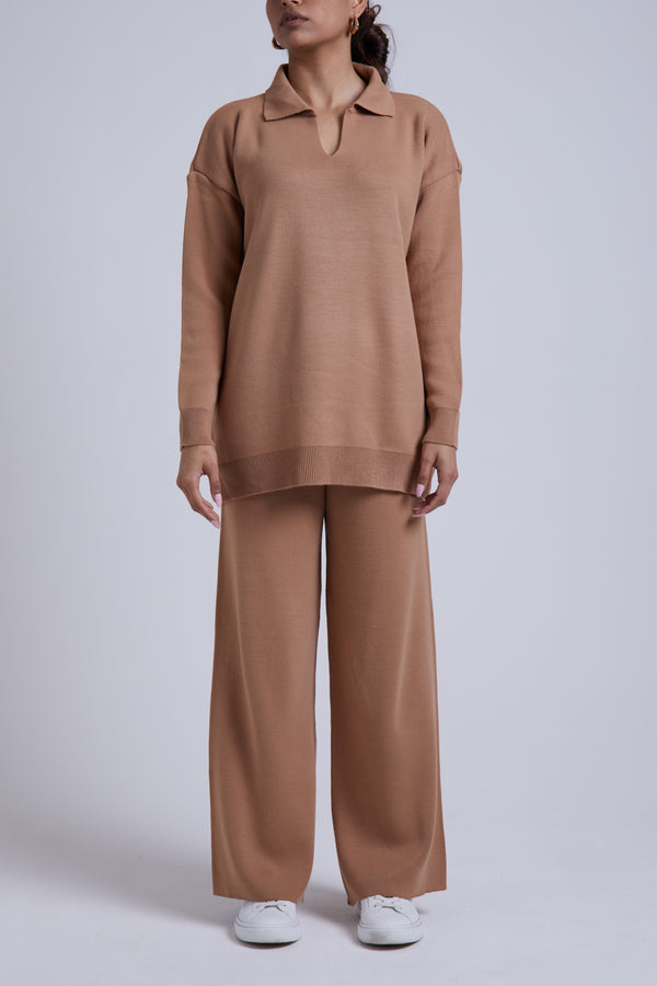 COLLARED CAMEL KNIT SET