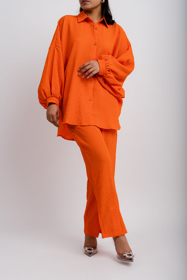 Bright Orange Plisse Set with Ballon Sleeves