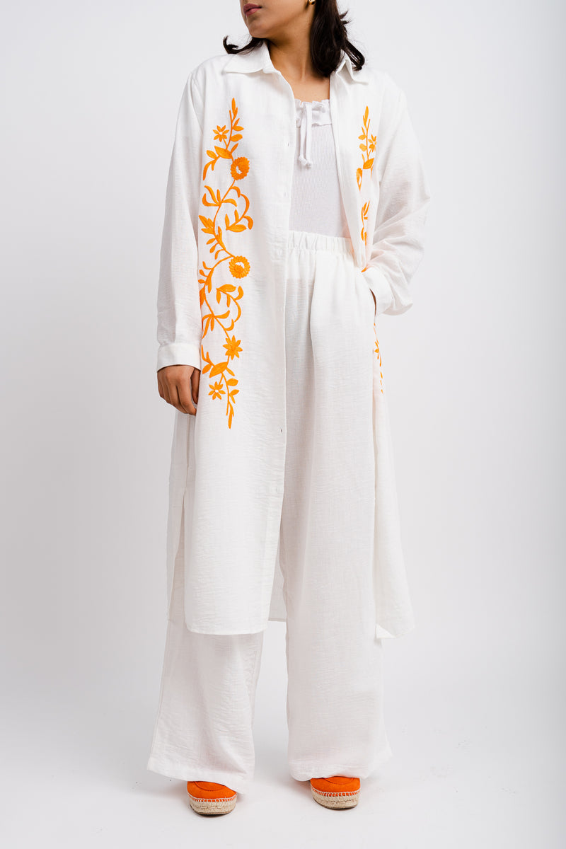 WHITE LONG SHIRT SET WITH ORANGE FLORAL EMBROIDERY