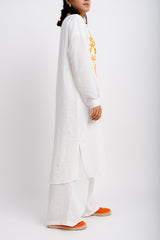 WHITE LONG SHIRT SET WITH ORANGE FLORAL EMBROIDERY