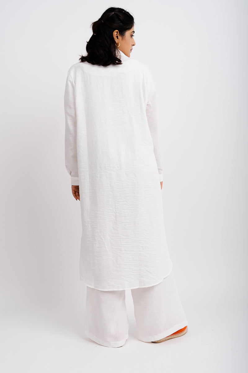 WHITE LONG SHIRT SET WITH ORANGE FLORAL EMBROIDERY