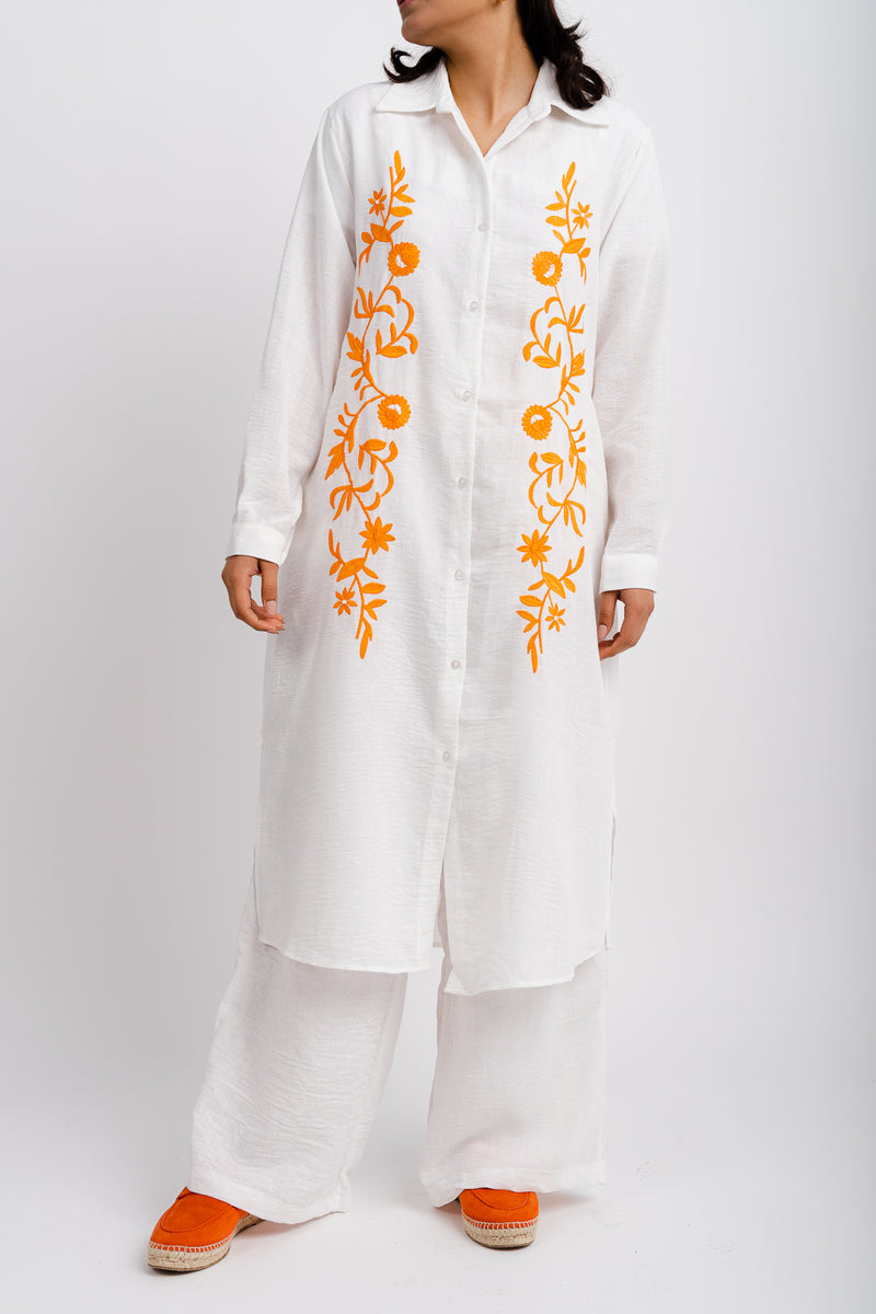 WHITE LONG SHIRT SET WITH ORANGE FLORAL EMBROIDERY