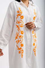 WHITE LONG SHIRT SET WITH ORANGE FLORAL EMBROIDERY